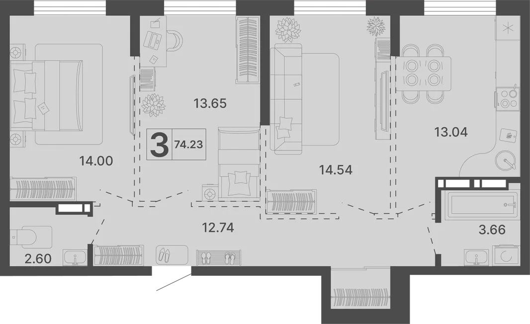 Планировка 3-комн. квартира, 74.23 м² ЖК «Светский лес»