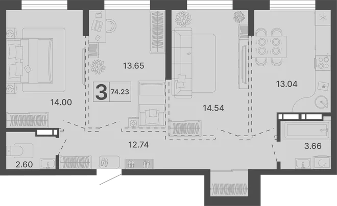 Планировка 3-комн. квартира, 74.23 м² ЖК «Светский лес» Планировка 3-комн. квартира, 74.23 м² ЖК «Светский лес»
