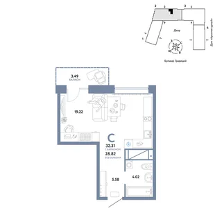 Планировка Студия, 32.31 м² ЖК «Микрорайон Домашний»