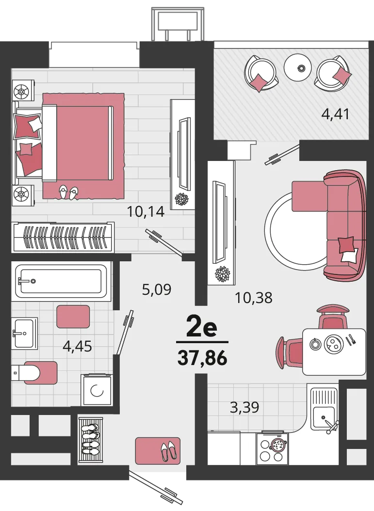Планировка 2-комн. квартира, 37.86 м² ЖК «Родные просторы»