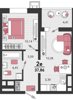 Планировка 2-комн. квартира, 37.86 м² ЖК «Родные просторы»