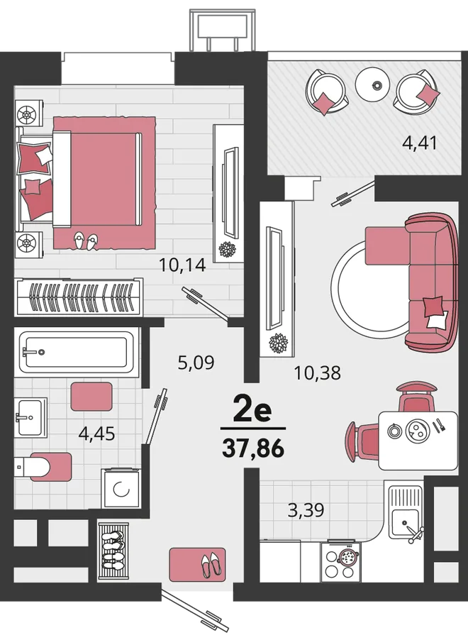 Планировка 2-комн. квартира, 37.86 м² ЖК «Родные просторы»