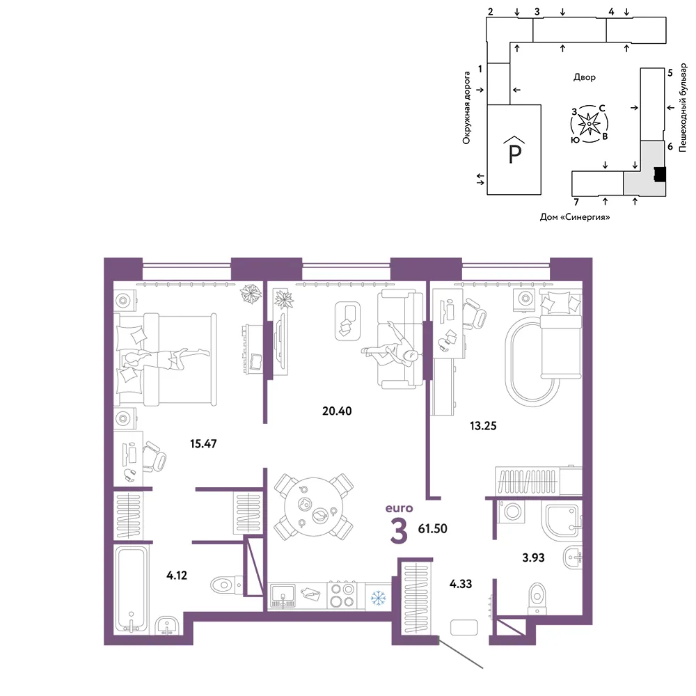 Планировка 3-комн. квартира, 61.5 м² ЖК «Юнион»