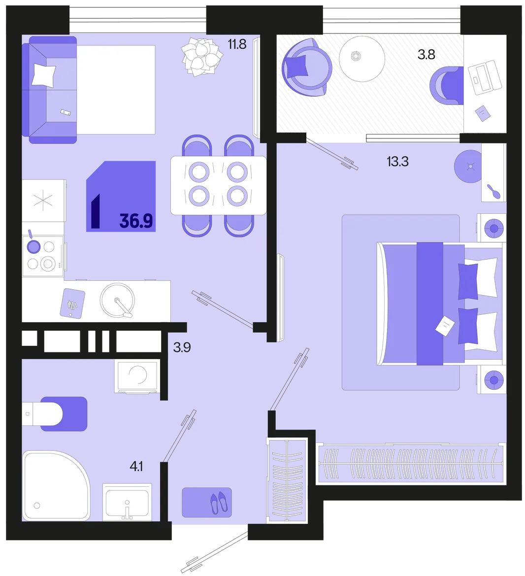 Планировка 1-комн. квартира, 36.9 м² ЖК «Первое место»
