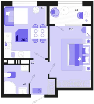 Планировка 1-комн. квартира, 36.9 м² ЖК «Первое место»