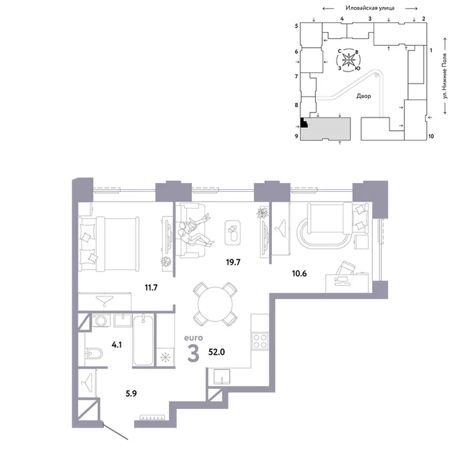Планировка 3-комн. квартира, 52 м² ЖК «Страна.Заречная»