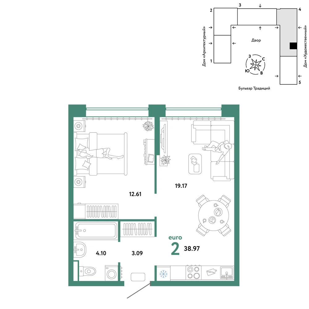 Планировка 2-комн. квартира, 38.97 м² ЖК «Микрорайон Домашний»