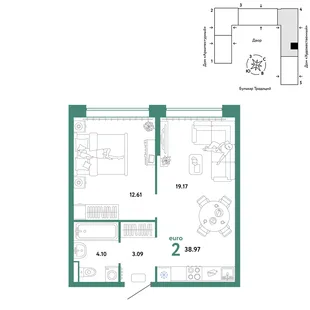 Планировка 2-комн. квартира, 38.97 м² ЖК «Микрорайон Домашний»