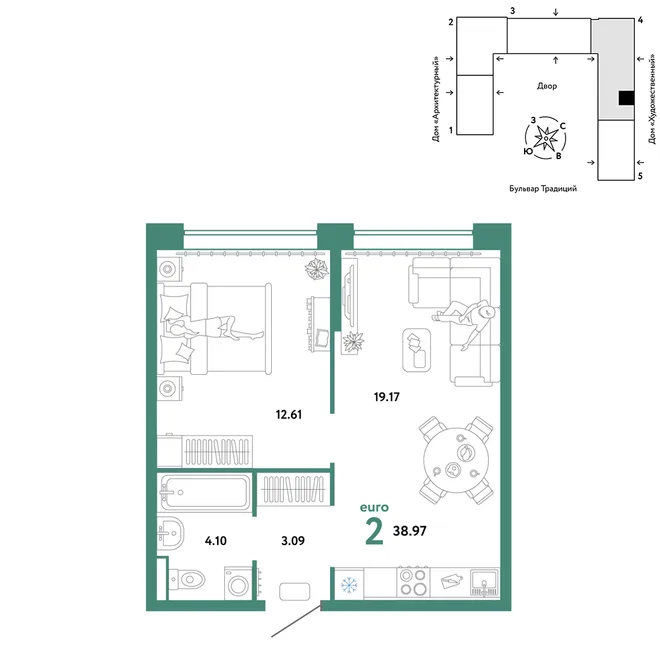 Планировка 2-комн. квартира, 38.97 м² ЖК «Микрорайон Домашний» Планировка 2-комн. квартира, 38.97 м² ЖК «Микрорайон Домашний»