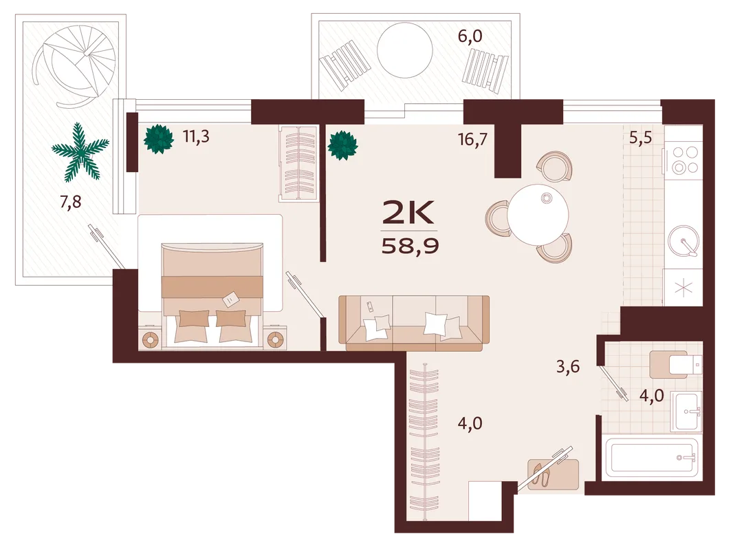 Планировка 2-комн. квартира, 58.9 м² ЖК «Роялта»