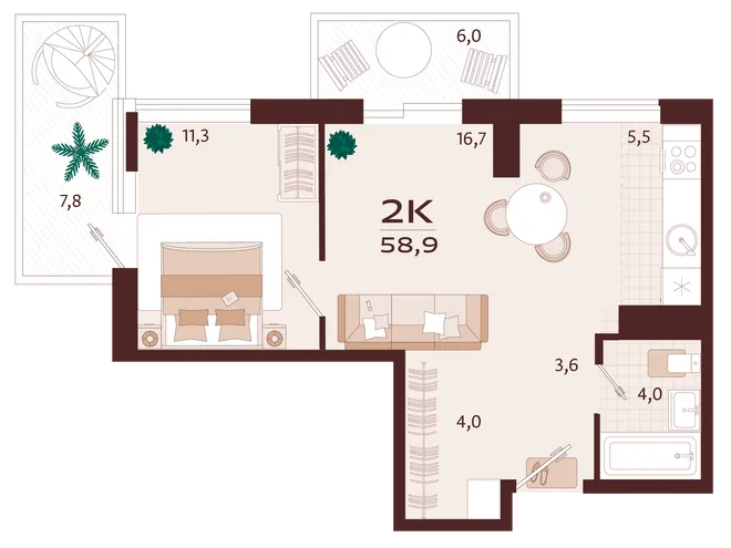 Планировка 2-комн. квартира, 58.9 м² ЖК «Роялта» Планировка 2-комн. квартира, 58.9 м² ЖК «Роялта»