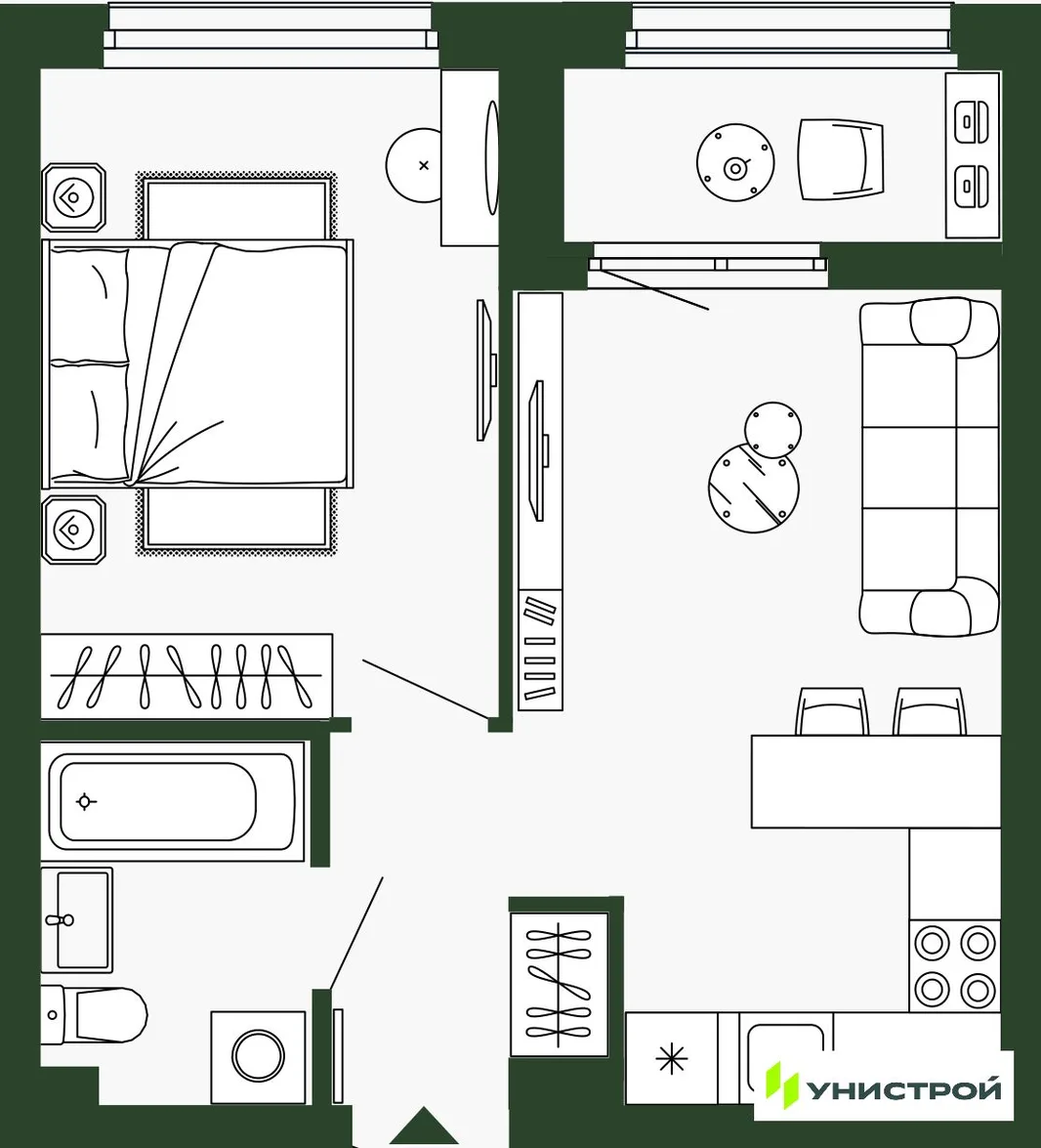 Планировка 1-комн. квартира, 38.4 м² ЖК «Парковый квартал 2.0»