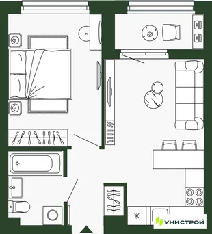 Планировка 1-комн. квартира, 38.4 м² ЖК «Парковый квартал 2.0»