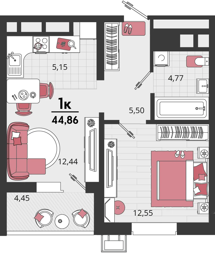 Планировка 2-комн. квартира, 44.86 м² ЖК «Родные просторы»