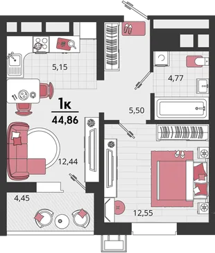 Планировка 2-комн. квартира, 44.86 м² ЖК «Родные просторы»