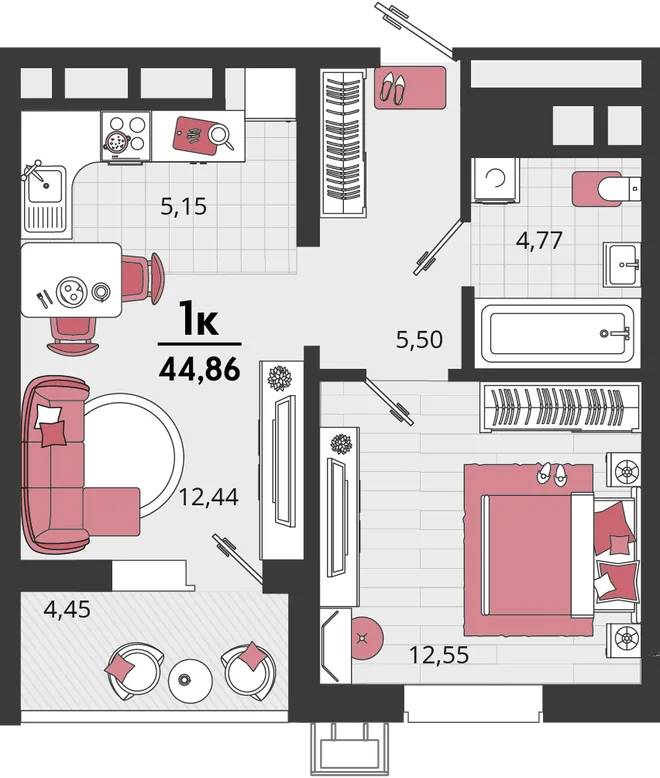 Планировка 2-комн. квартира, 44.86 м² ЖК «Родные просторы» Планировка 2-комн. квартира, 44.86 м² ЖК «Родные просторы»