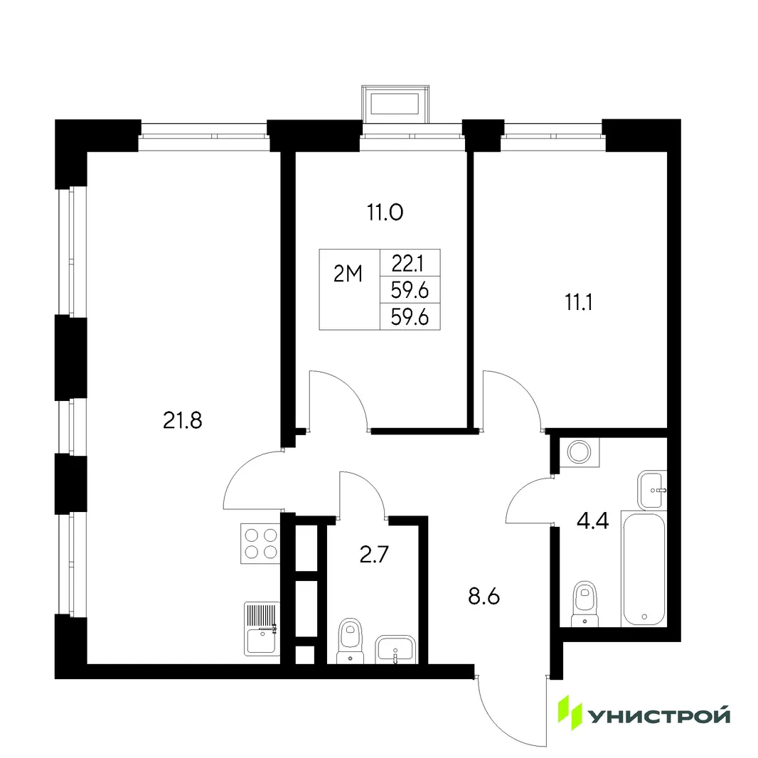 Планировка 2-комн. квартира, 59.6 м² ЖК «Стадиум»
