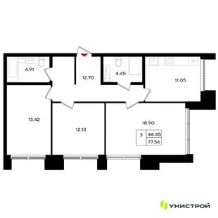 Планировка 3-комн. квартира, 77.56 м² ЖК «Уникум на Энгельса»