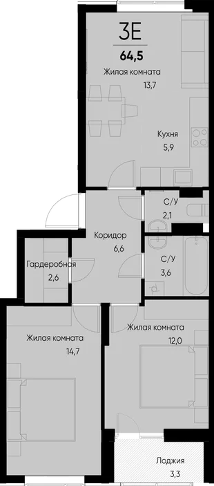 Планировка 3-комн. квартира, 64.5 м² ЖК «Васильевский остров»