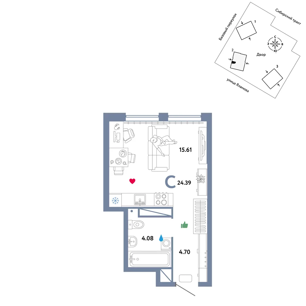 Планировка Студия, 24.39 м² ЖК «Сибирский сад»