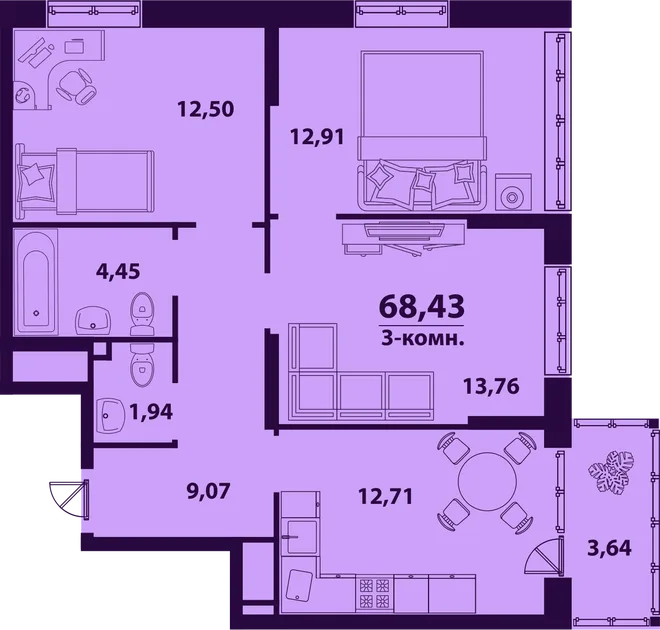 Планировка 3-комн. квартира, 68.43 м² ЖК «Сиреневый» Планировка 3-комн. квартира, 68.43 м² ЖК «Сиреневый»