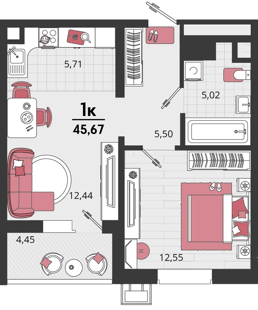 Планировка 2-комн. квартира, 45.67 м² ЖК «Родные просторы»