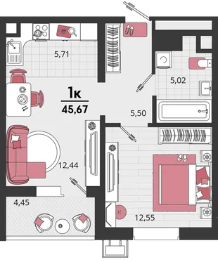 Планировка 2-комн. квартира, 45.67 м² ЖК «Родные просторы»