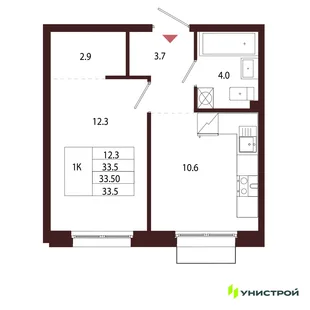 Планировка 1-комн. квартира, 33.5 м² ЖК «Лисино»
