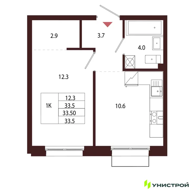 Планировка 1-комн. квартира, 33.5 м² ЖК «Лисино»
