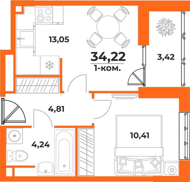 Планировка 1-комн. квартира, 34.22 м² ЖК «Живописный сад» Планировка 1-комн. квартира, 34.22 м² ЖК «Живописный сад»