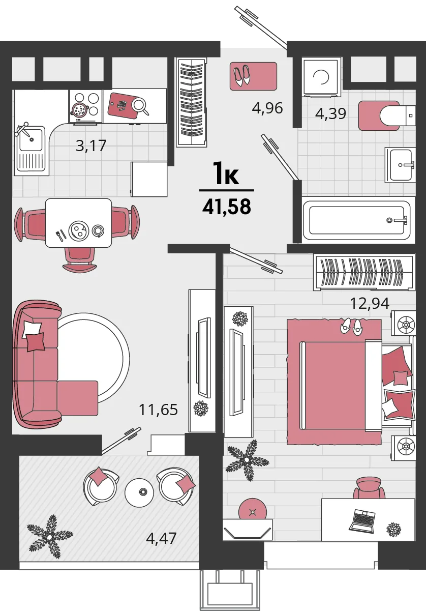 Планировка 2-комн. квартира, 41.58 м² ЖК «Родные просторы»