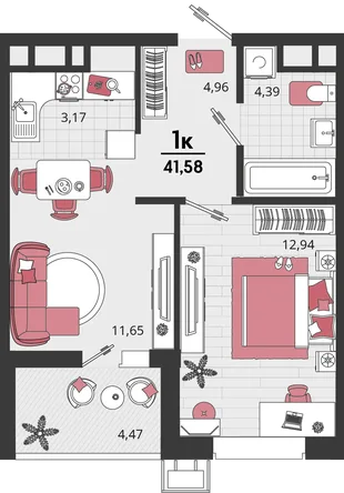 Планировка 2-комн. квартира, 41.58 м² ЖК «Родные просторы»