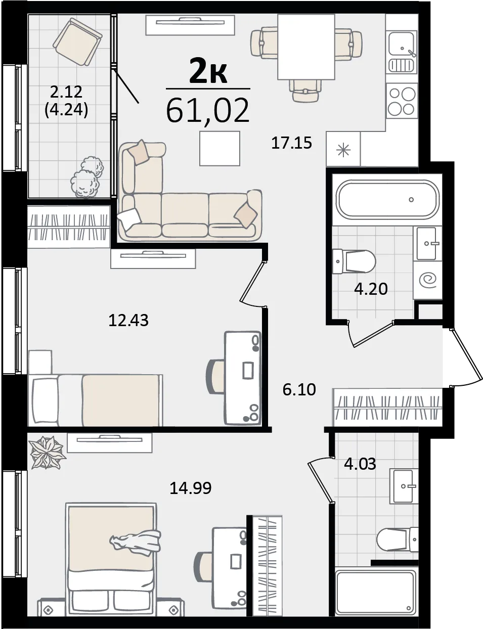 Планировка 2-комн. квартира, 61.02 м² ЖК «Патрики»