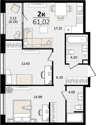 Планировка 2-комн. квартира, 61.02 м² ЖК «Патрики»