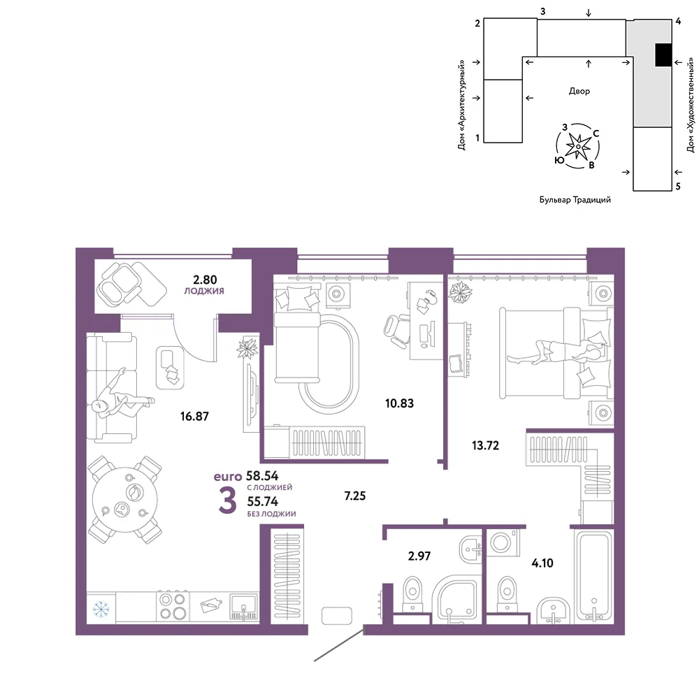 Планировка 3-комн. квартира, 58.54 м² ЖК «Микрорайон Домашний»