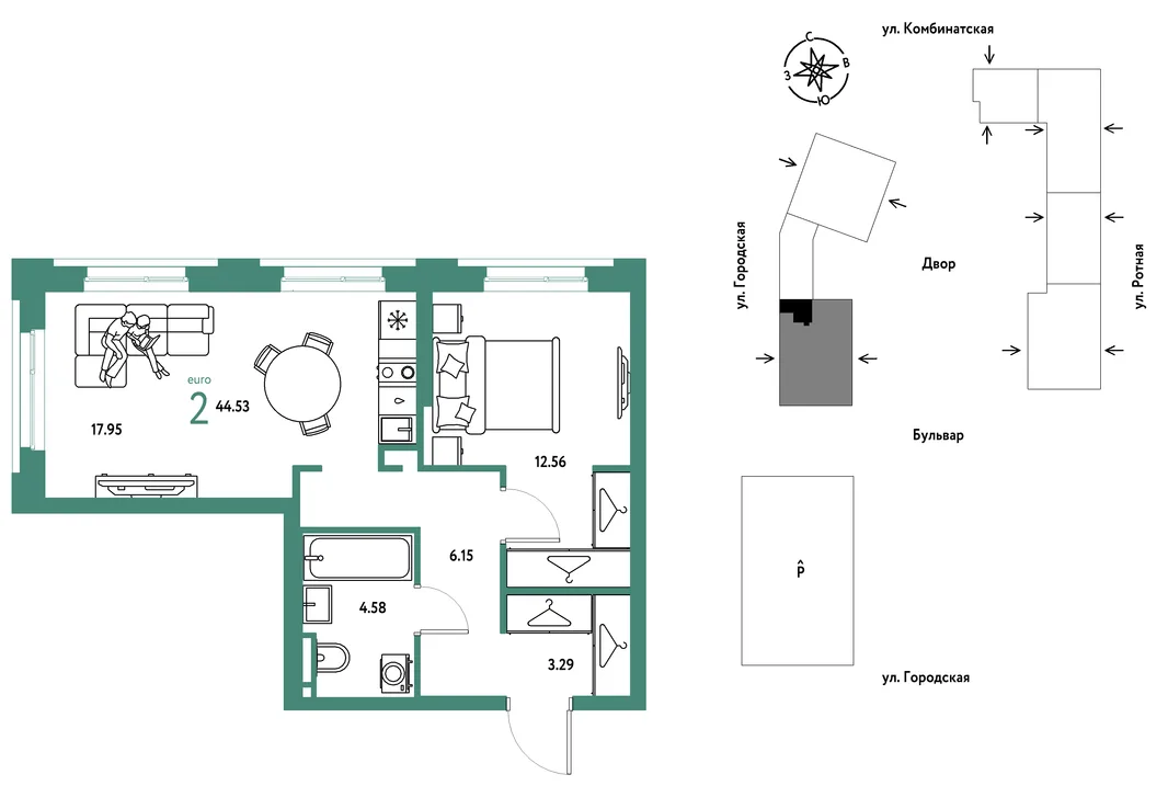 Планировка 2-комн. квартира, 44.53 м² ЖК «Уральский сад»