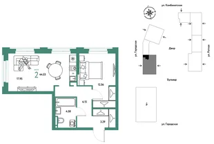 Планировка 2-комн. квартира, 44.53 м² ЖК «Уральский сад»