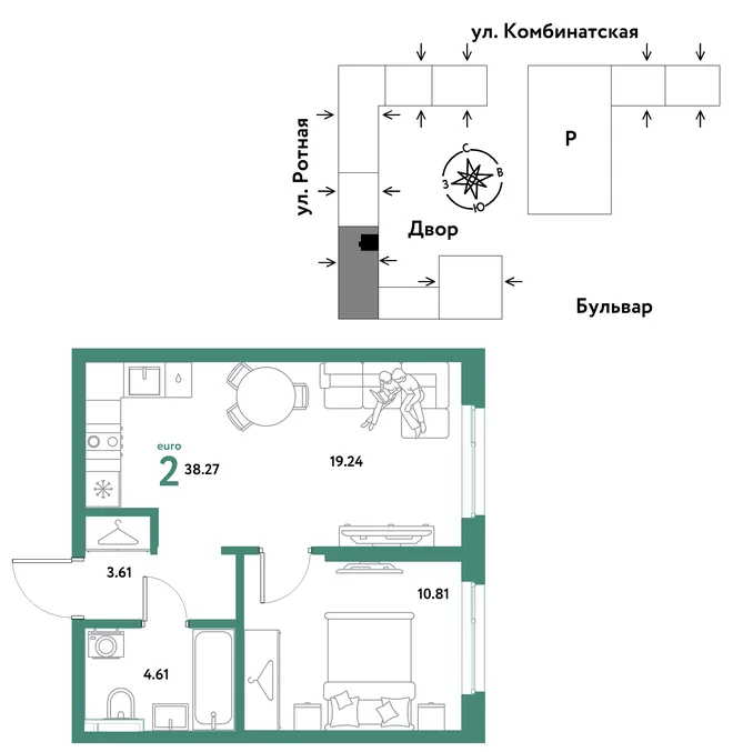 Планировка 2-комн. квартира, 38.27 м² ЖК «Уральский сад» Планировка 2-комн. квартира, 38.27 м² ЖК «Уральский сад»