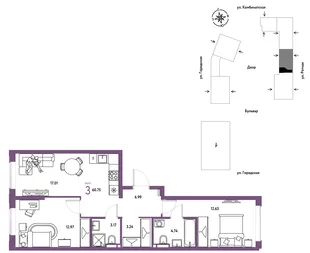 Планировка 3-комн. квартира, 60.75 м² ЖК «Уральский сад»