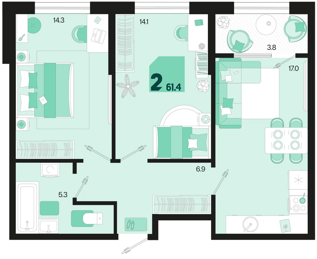 Планировка 2-комн. квартира, 61.4 м² ЖК «Первое место»