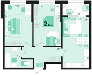 Планировка 2-комн. квартира, 61.4 м² ЖК «Первое место»