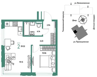 Планировка 2-комн. квартира, 39.52 м² ЖК «Страна Прибрежная»