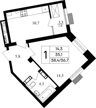Планировка 1-комн. квартира, 38.4 м² ЖК «Маячная»