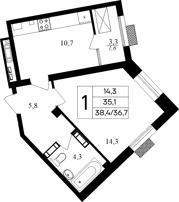Планировка 1-комн. квартира, 38.4 м² ЖК «Маячная» Планировка 1-комн. квартира, 38.4 м² ЖК «Маячная»