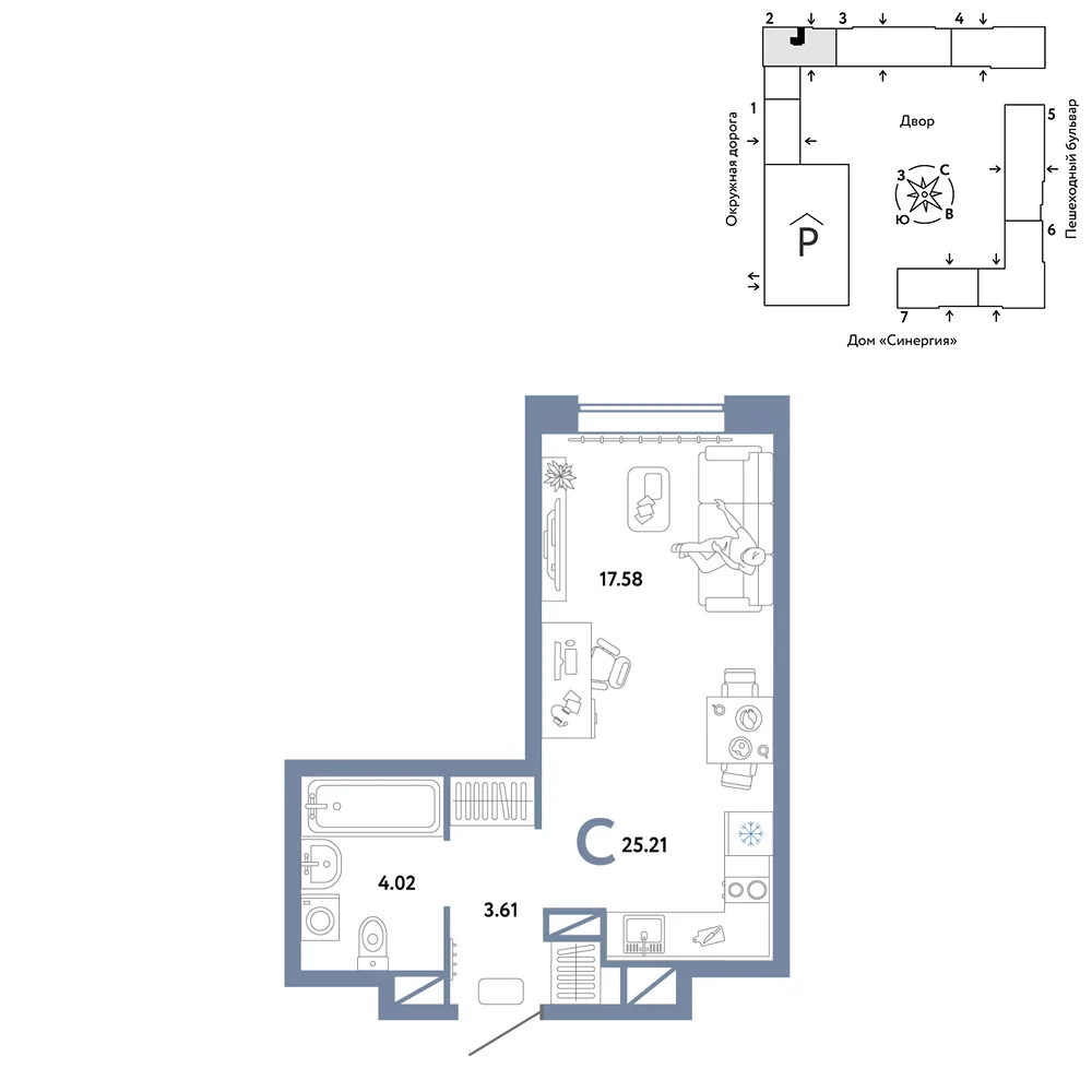 Планировка Студия, 25.21 м² ЖК «Юнион»