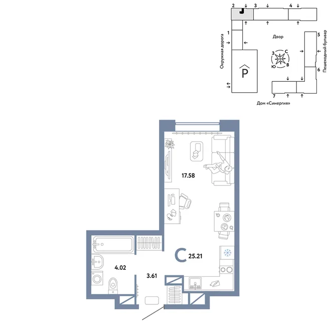 Планировка Студия, 25.21 м² ЖК «Юнион»