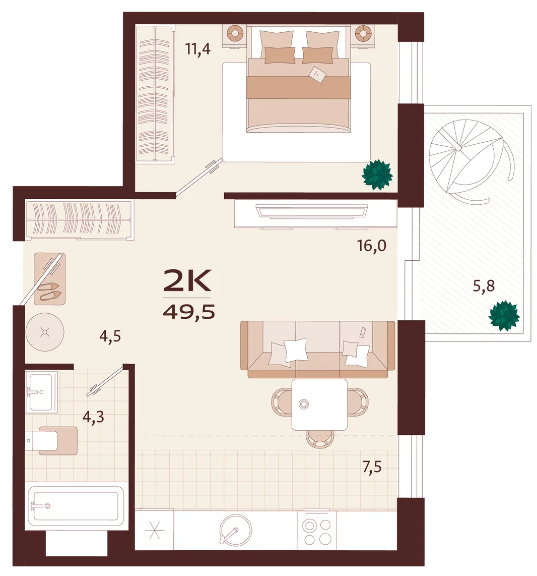 Планировка 2-комн. квартира, 49.5 м² ЖК «Роялта»