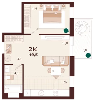 Планировка 2-комн. квартира, 49.5 м² ЖК «Роялта»