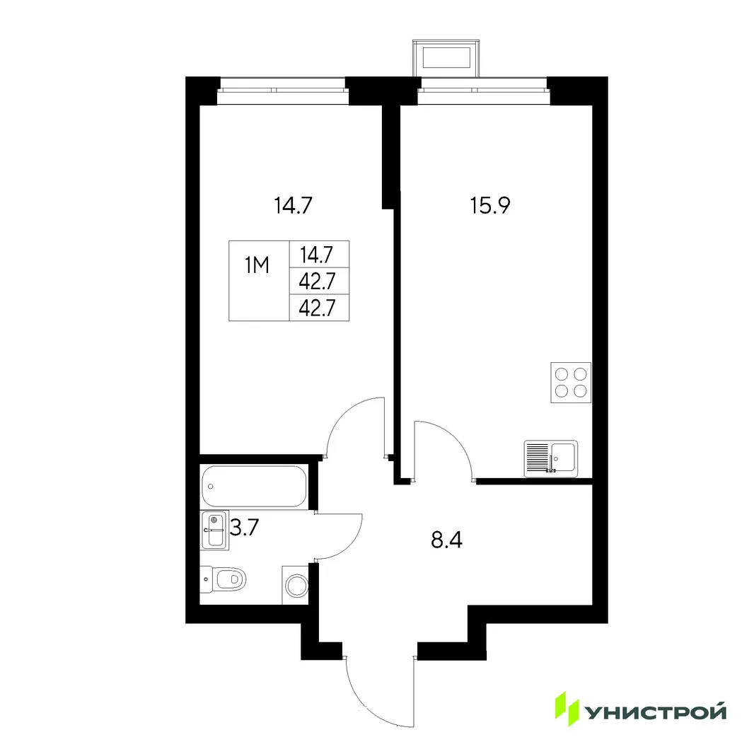 Планировка 1-комн. квартира, 42.7 м² ЖК «Стадиум»