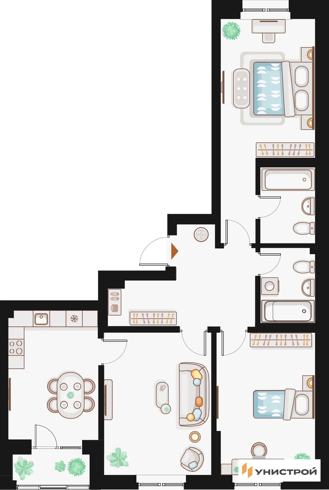 Планировка 3-комн. квартира, 82.24 м² ЖК «Жилой кластер Q на Кулагина»